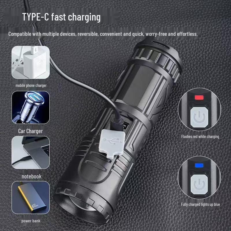 USB Rechargeable High-Power LED Flashlight - Super Bright, Self-Defense, Outdoor, Hiking, Patrol, White Laser Light