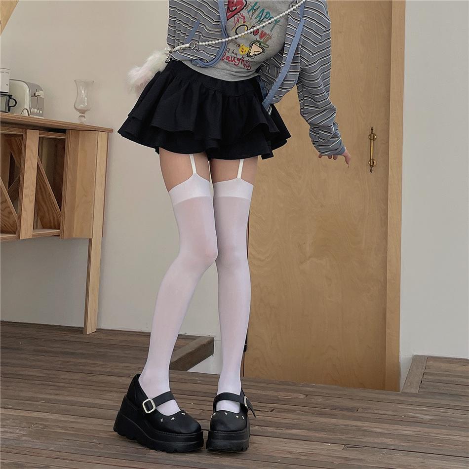 

«Женские чулки до бедра белого цвета с подвязками — летние тонкие, JK Style, черный шелк, сексуальные, чисто белые, длинные носки без пятки» One size fits 80-140 lbs чёрный