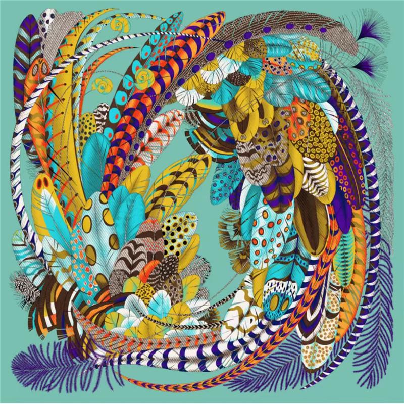 POBING Silk Scarf Women Large Shawls Feather Print Square Bandana Luxury Muslim Hijab Scarves Wraps Female Foulards 130CM