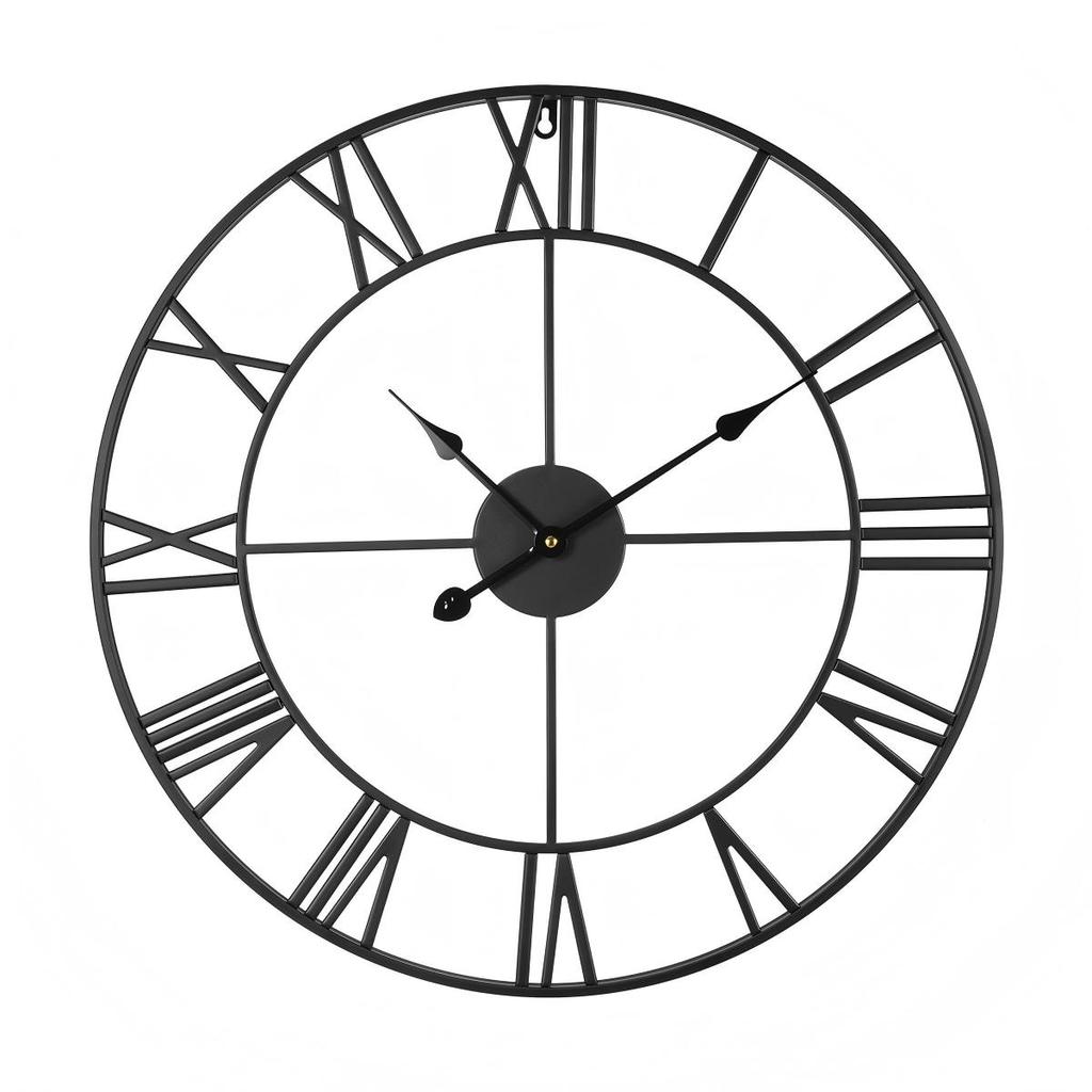 Large Black Skeleton Roman Numeral Wall Clock, Industrial Minimalist Silent Non-Ticking Metal Clock for Living Room Decor