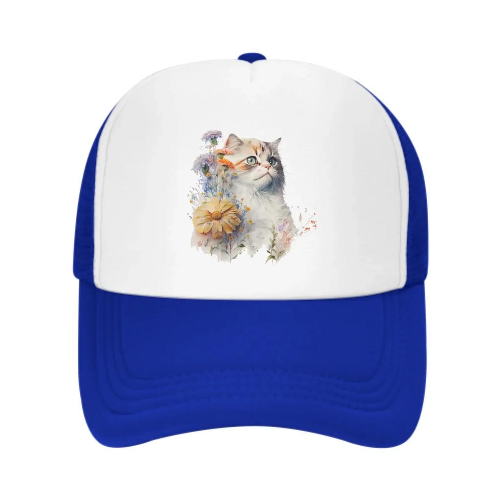 Blumenkatzen Netz-Trucker-Hüte für Unisex-Damen, verstellbare lässige Mode-Baseballkappen für Outdoor-Aktivitäten