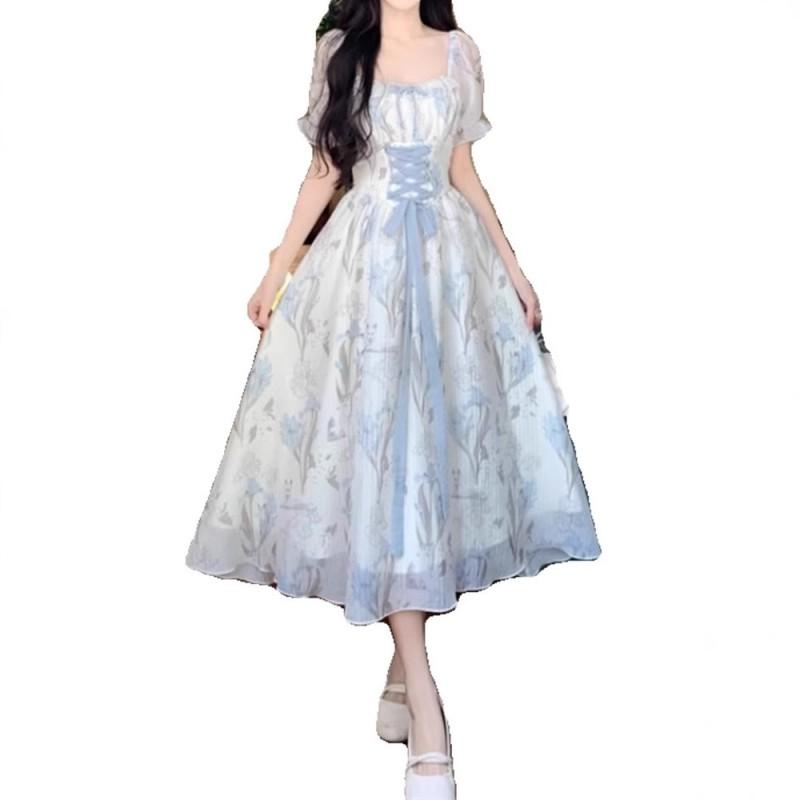 Womens Blue Floral Print A-Line Midi Dress With Square Neck Waist Tie Lightweight Chiffon Casual Wear