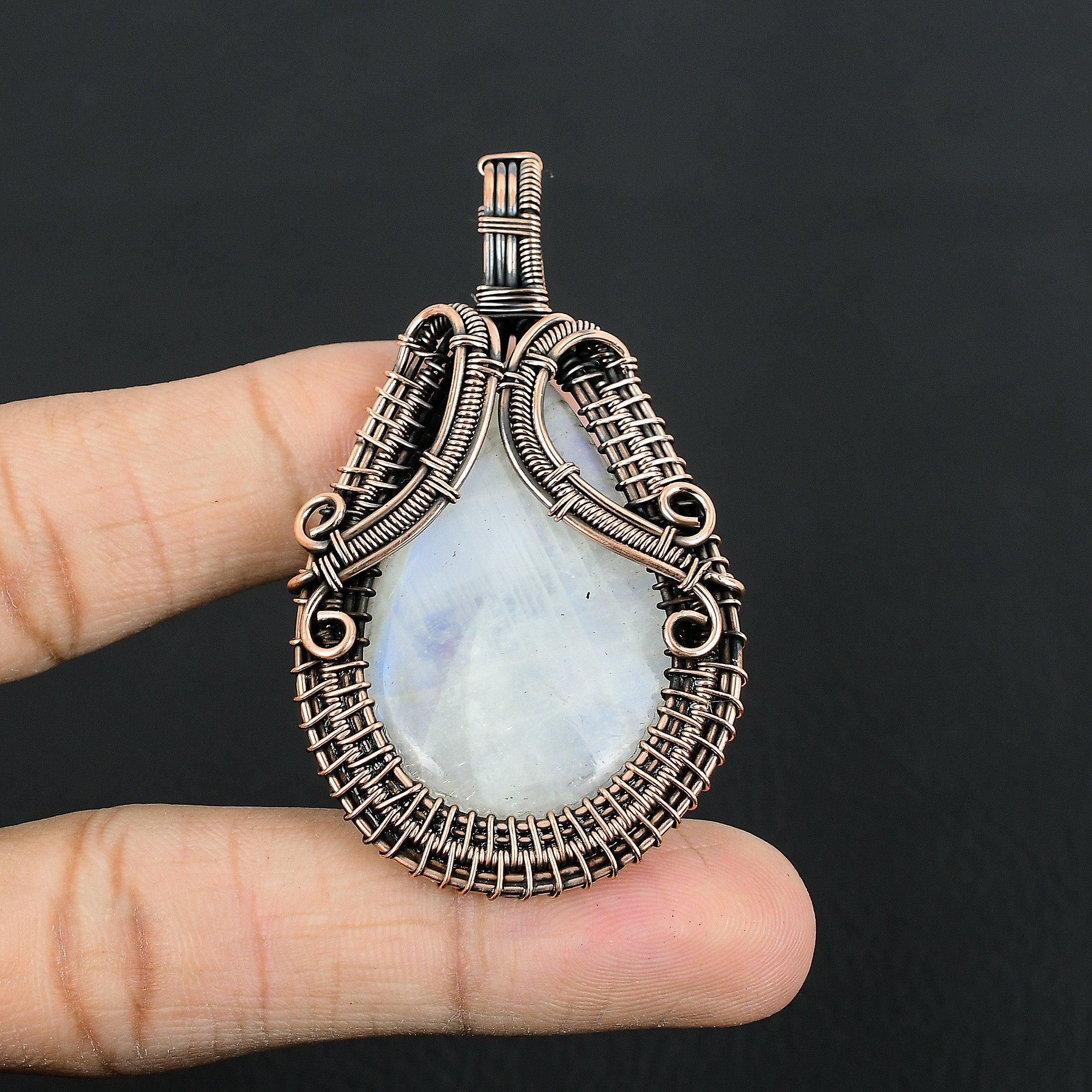 

Moonstone 999 Copper Wire Wrapped Silver Pendant, Handmade Gemstone Pendant, Gift For Mom Antique Jewelry 2.55 Inches