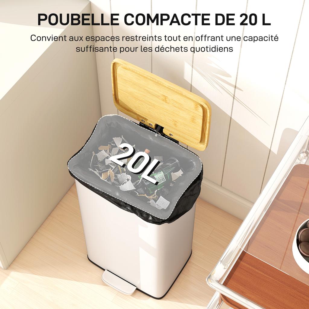 Kitchen Bin, 20 L, Foot-Operated, Bamboo Lid, Removable Inner Bucket, White