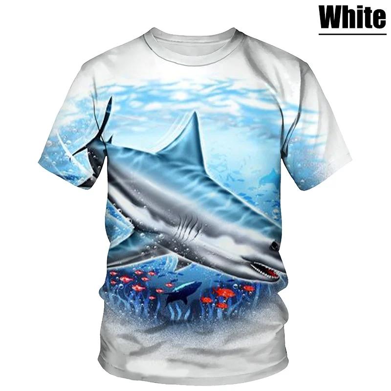 Hot New Men's T-Shirt with Large White Shark Print, Vintage Summer Casual Fashion, Crew Neck Short Sleeve Top