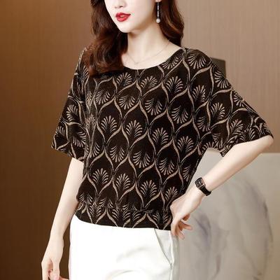 Ice Silk T-shirt Top Women's Summer New Loose Mom's Bottoming Blouse Short Sleeves Round Collar Pullovers 4XL