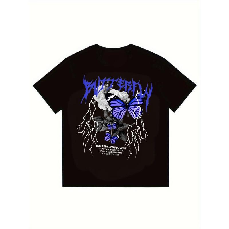 His-and-hers Matching Black T Shirt Butterfly And Flower Graphic Print With Lightning Design For Casual Streetwear Style