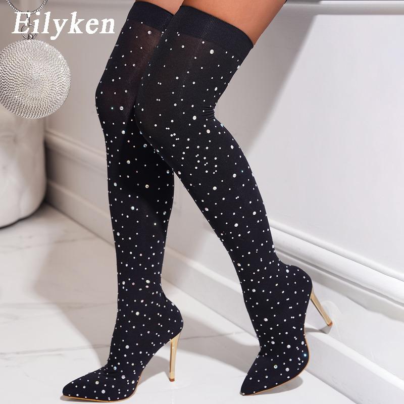Eilyken Stretch Fabric Pointed Toe Woman Over-the-Knee Long Boots Sexy Thin High Heels Nightclub Shoes Size 35-43