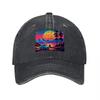 Tropical Sunset Vibes Washed Canvas Baseball Cap with Palm Trees and Classic Car Design Retro Art Style Unisex Adjustable Hat