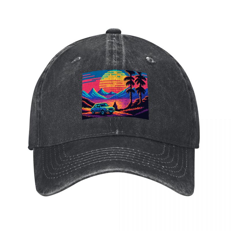 Tropical Sunset Vibes Washed Canvas Baseball Cap with Palm Trees and Classic Car Design Retro Art Style Unisex Adjustable Hat