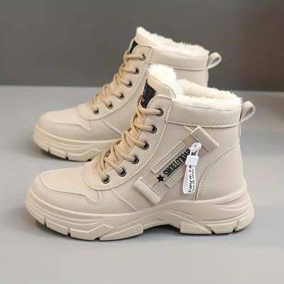 Botas de nieve cálidas de invierno con cremallera lateral para mujer con forro polar, botas de media caña con suela gruesa y cómodas con cordones