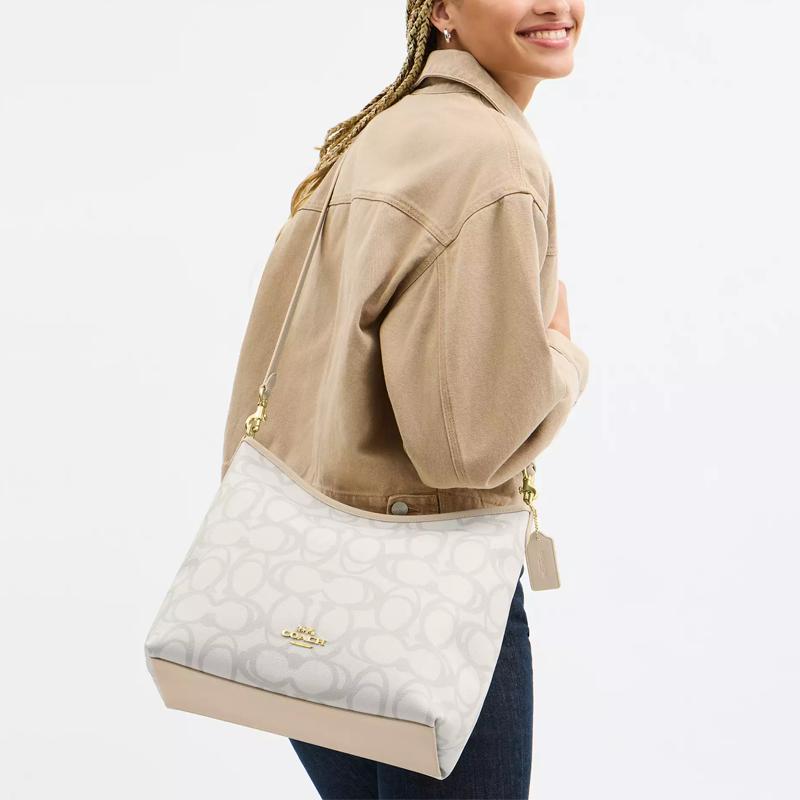 Coach White Signature Canvas Convertible Hobo Shoulder Bag for Daily Use