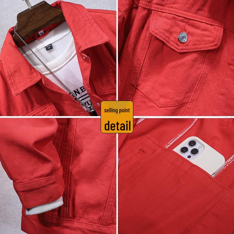Men's Casual Watermelon Red Loose Fit Denim Jacket