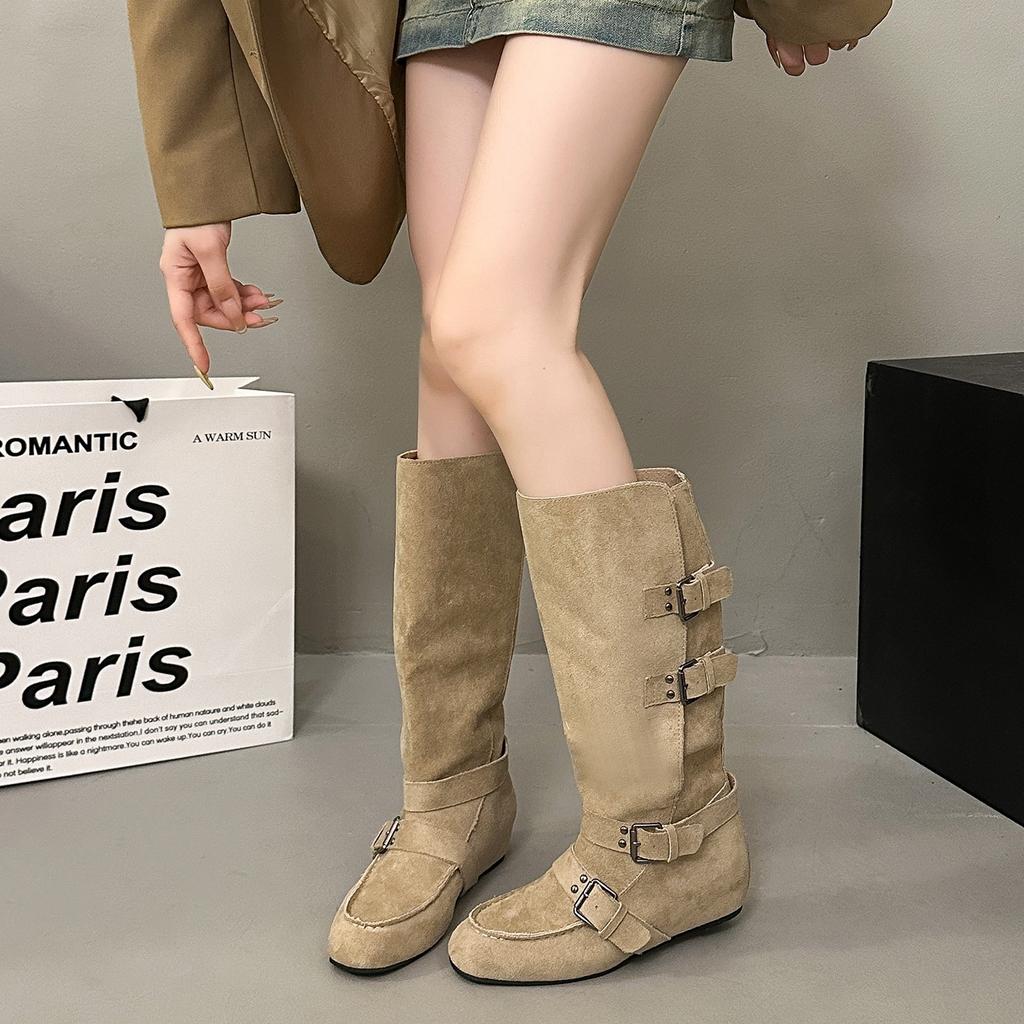 Knight boots women's hand stitching high boots comfortable European and American style French inner height increase belt buckle round head thin retro