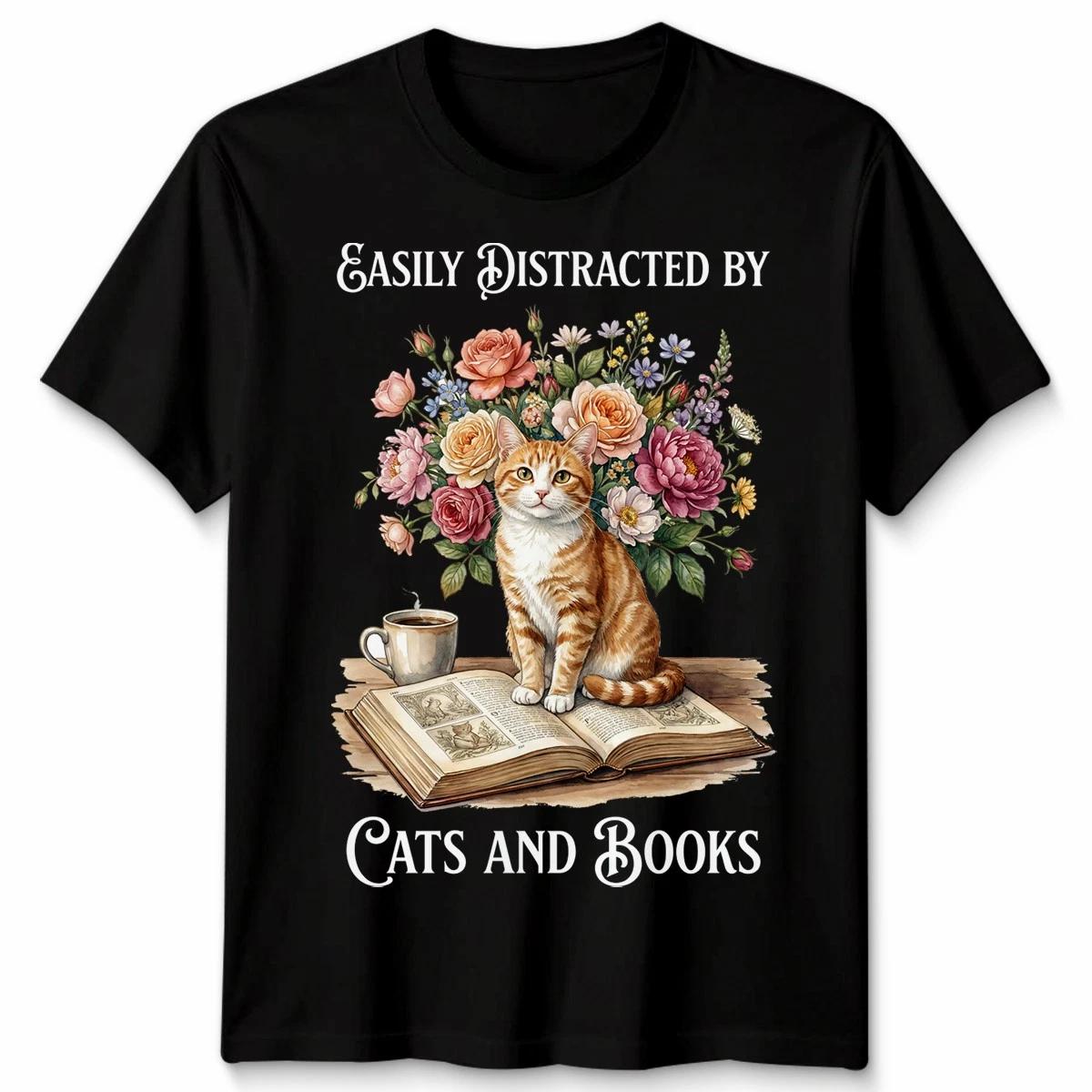 Easily Distracted By Cats And Books Unisex Tshirt Book Lovers Gift Tee XL
