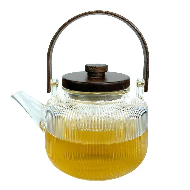 Temperature Resistant Herb Tea, Fruit Boiling Teapot, Household Cooking Integrated Wooden Handle, Glass Vertical Bubble Teapot.