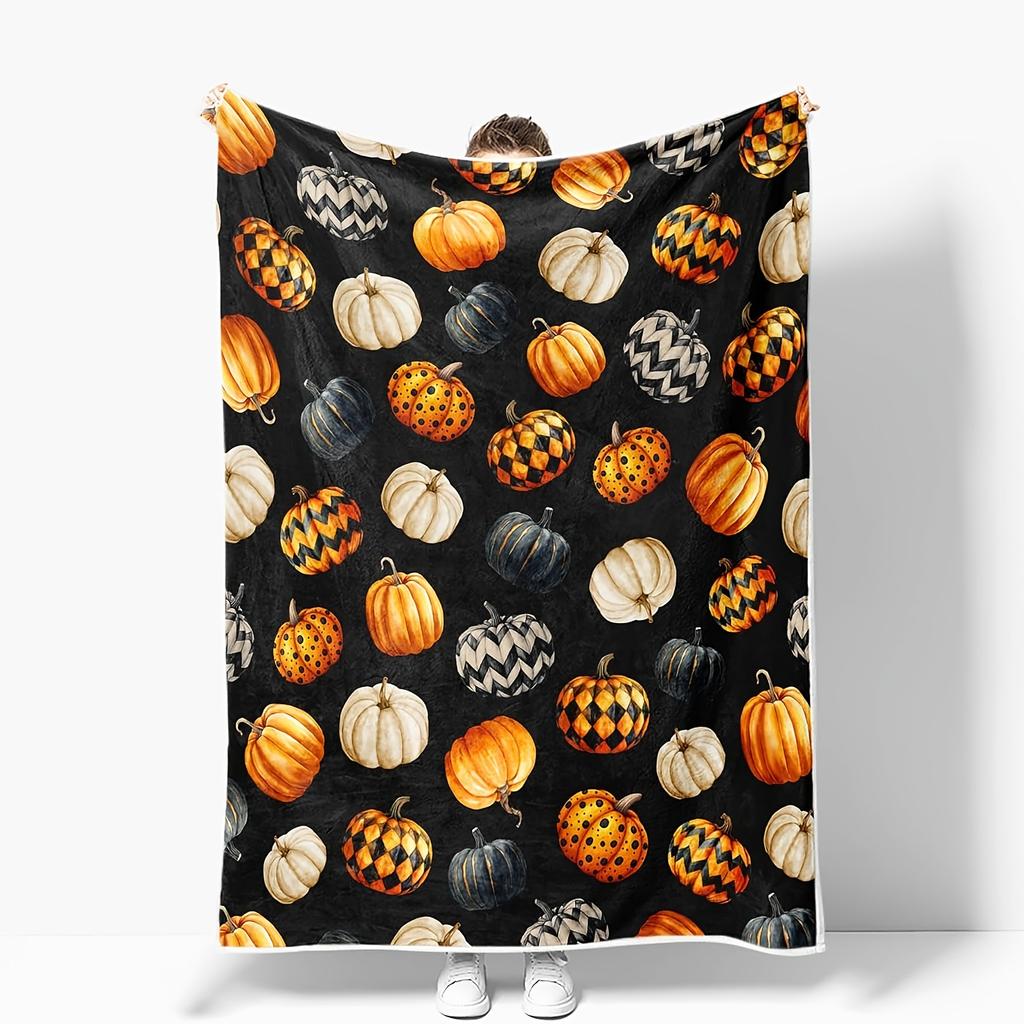 1pc Autumn Pumpkin Blanket, Colorful Pumpkin Black White Orange Halloween Pumpkin Blanket, Soft and Comfortable Flannel Blanket, Suitable for Living R