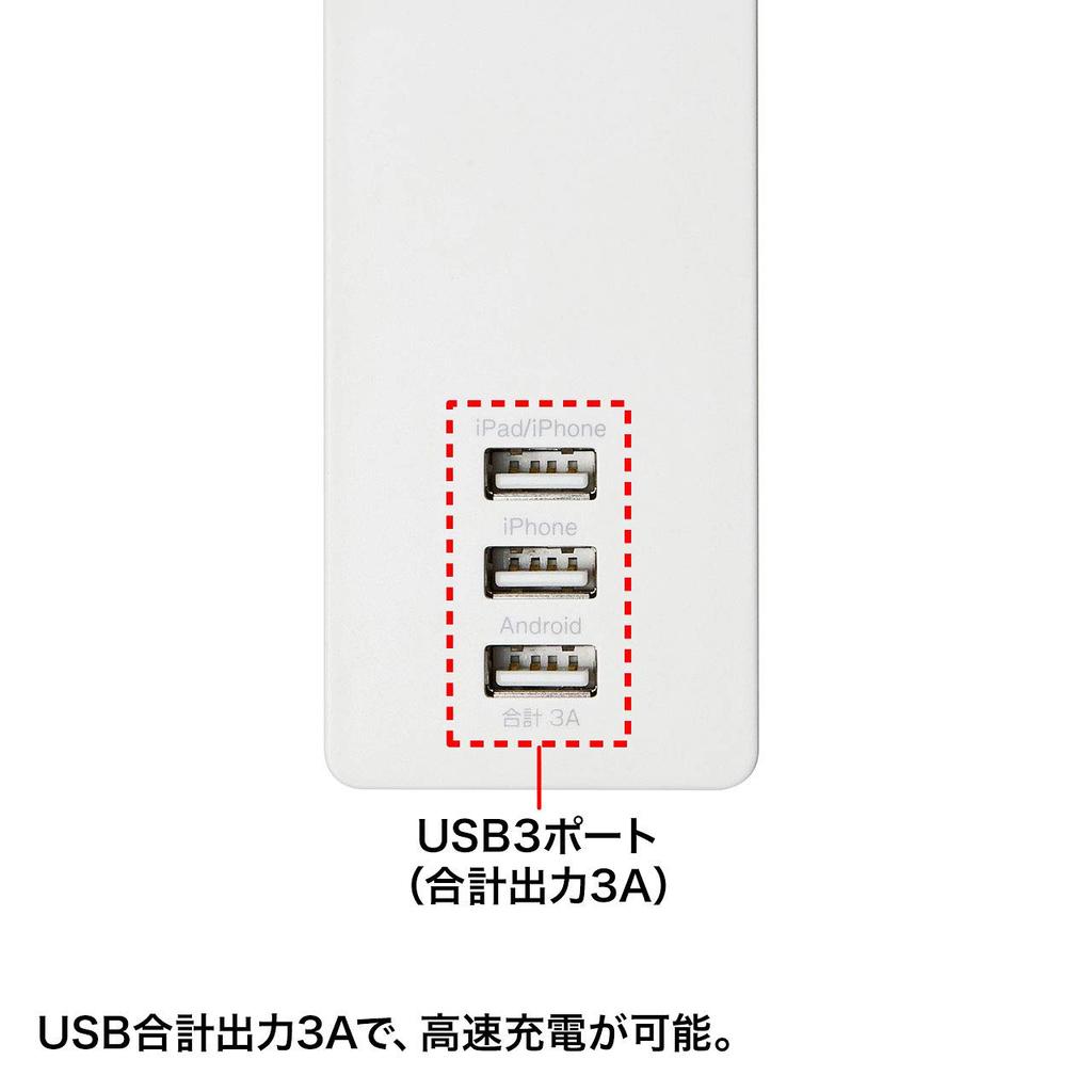 SANWA SUPPLY USB Charging Power Strip, 3-Pin, 4-Outlet, 3 USB A Ports (3A Total Output), Magnetic Backing, 2m, TAP-F37U-2