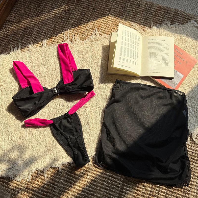 Color Block High Waist Bikini Set Cover Up Swimsuit For Women Push Up Ruffle Three Pieces Swimwear Beach Bathing Suits