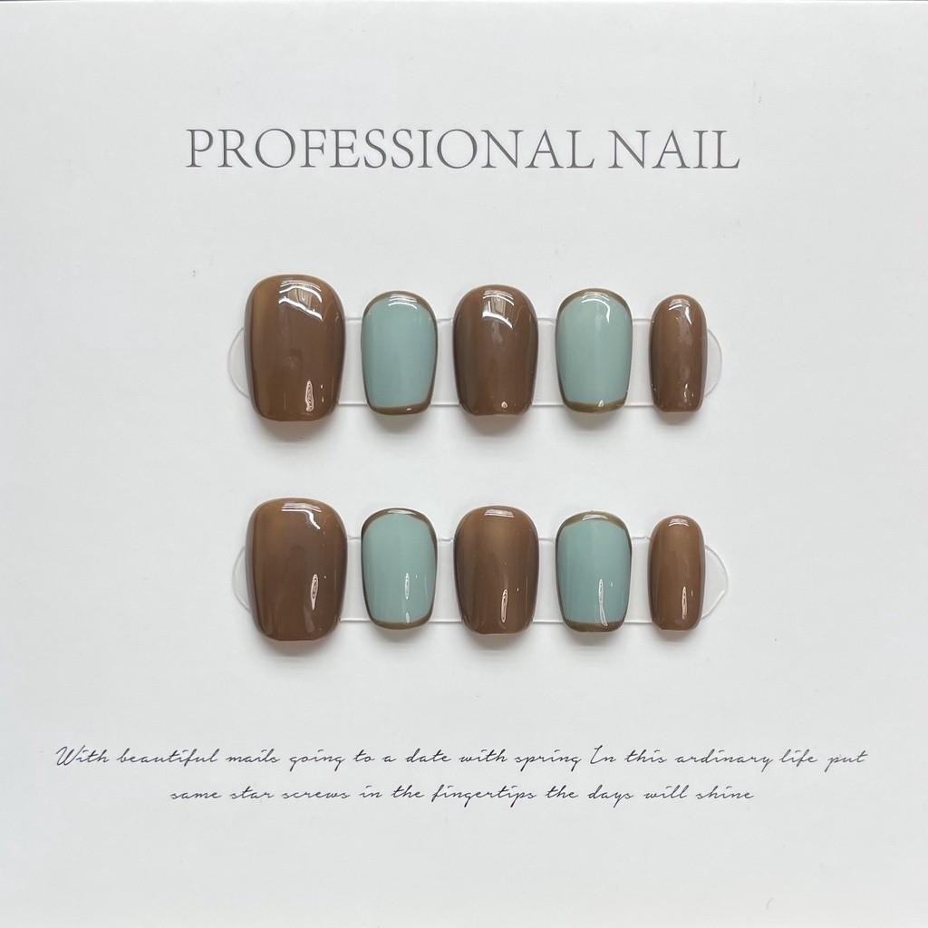 

100% РУЧНАЯ РАБОТА трапециевидной формы гроба искусственный дизайн ногтей ранняя осень ретро простые каштановые коричневые ногти невесты фототерапия многоразовые ногти M