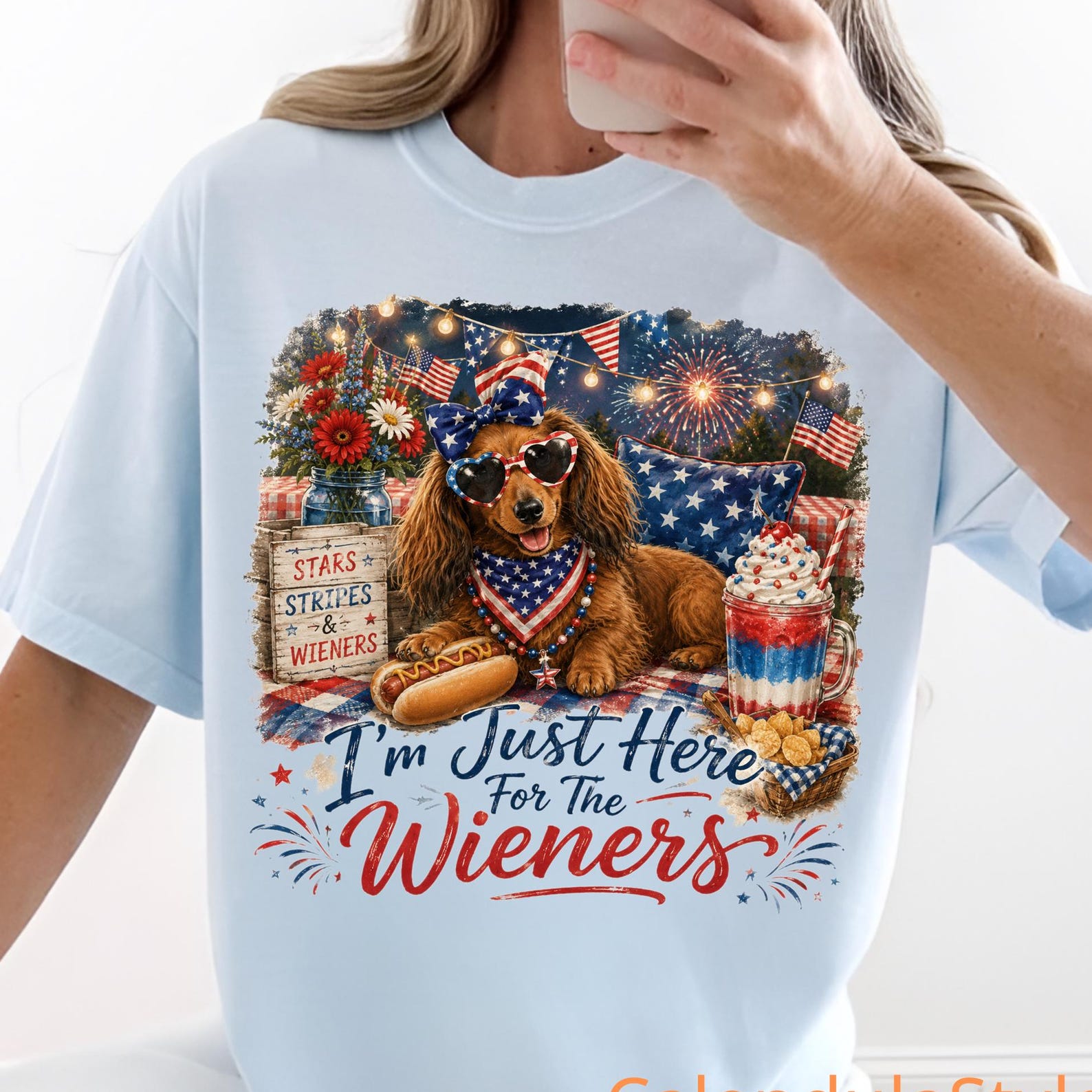 Patriotic Dachshund Shirt, Just Here For The Wieners Shirt, 4th Of July Dog, 4th Of July Weiner Dog Tee, USA 250 Years Anniversary Shirt S