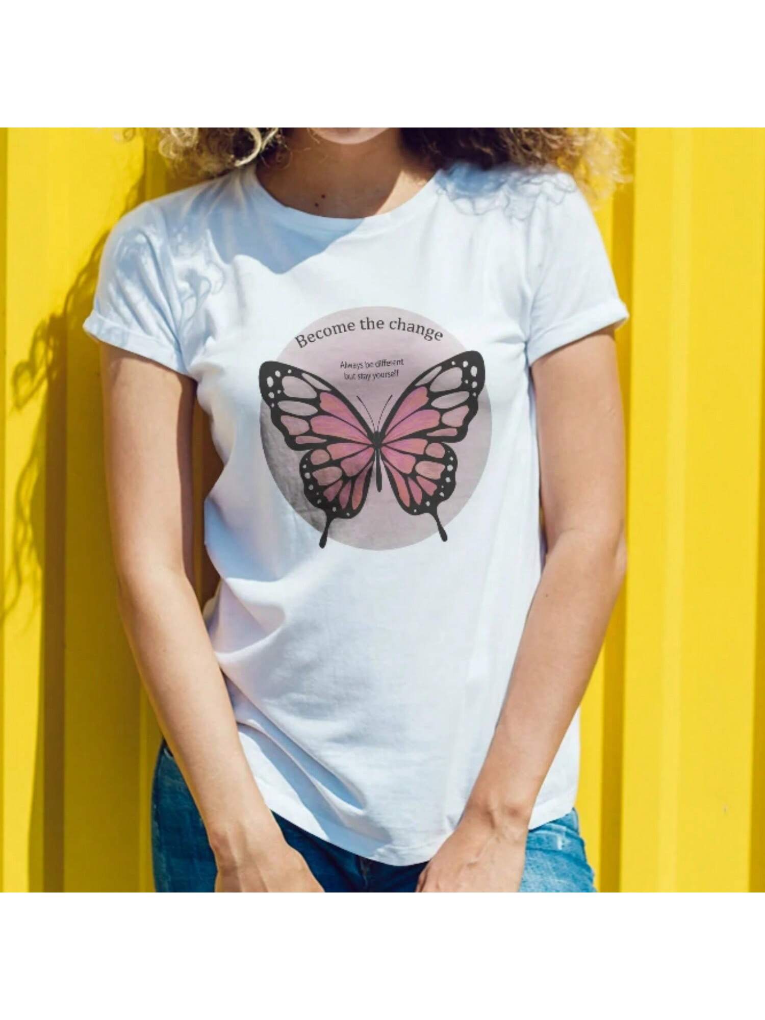 Wounisex Short Sleeve T Shirt Become The Change Design With Pink Butterfly And Inspirational Quote Graphic For A Motivating Look S разноцветный