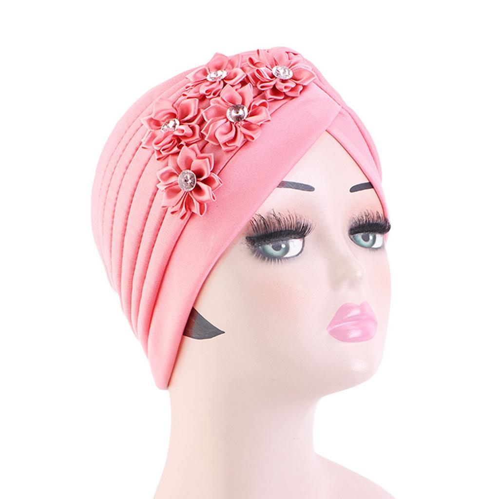 4Pcs Women Turban National Style Diamond Flower Beanie Elastic Head Wrap Cap Chemo Headwear Accessories