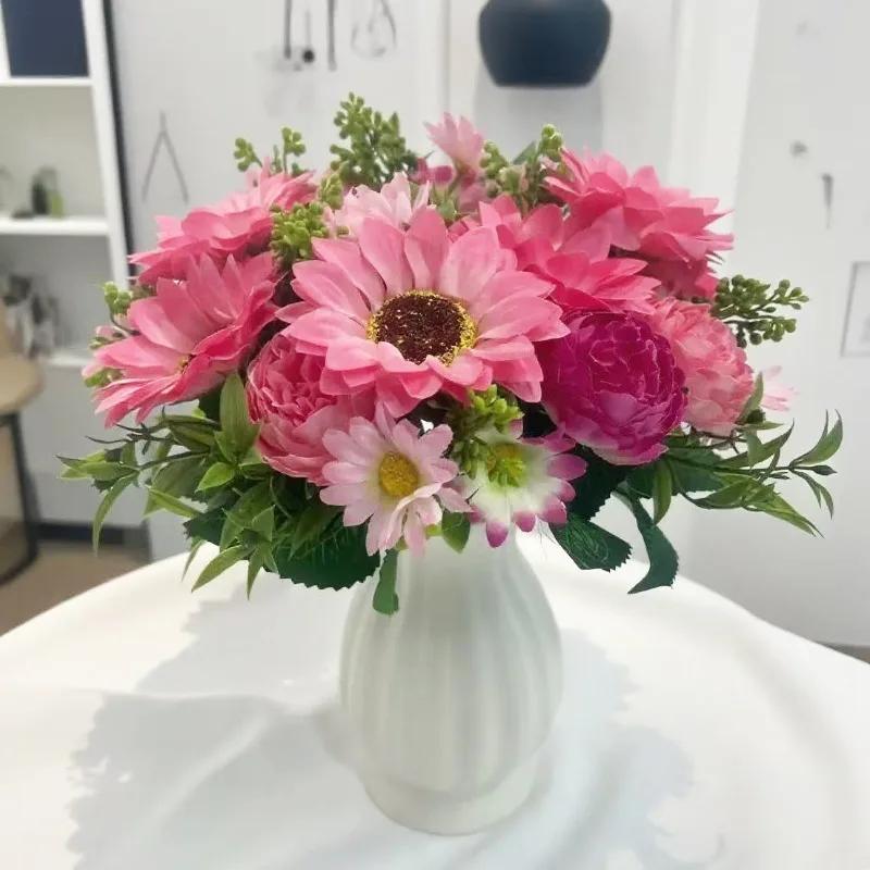 Nordic Artificial Flowers Silk Sunflower Peony Bouquet Garden Decoration Green Plant Fake Flower Simulation Chrysanthemum