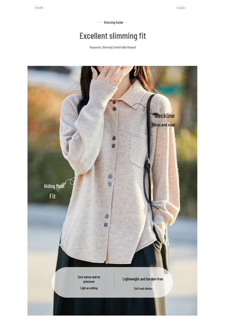 Women's Pure Wool Knit Cardigan Jacket - Spring/Autumn 2025 POLO Collar, Korean Style, Slimming, Loose Fit, Button-Up Sweater