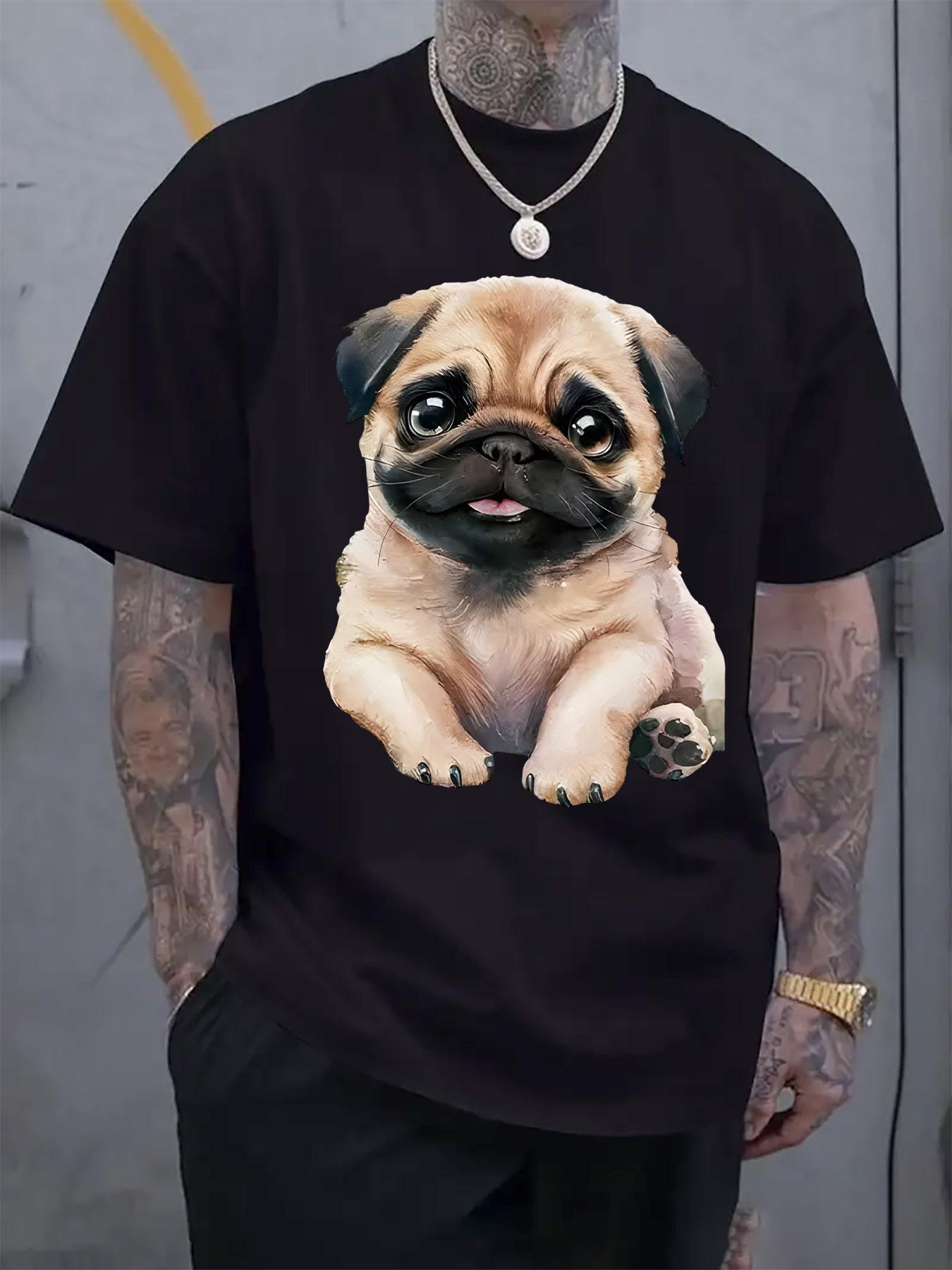 Cute Pug Illustration T-shirt - Casual Crew Neck M