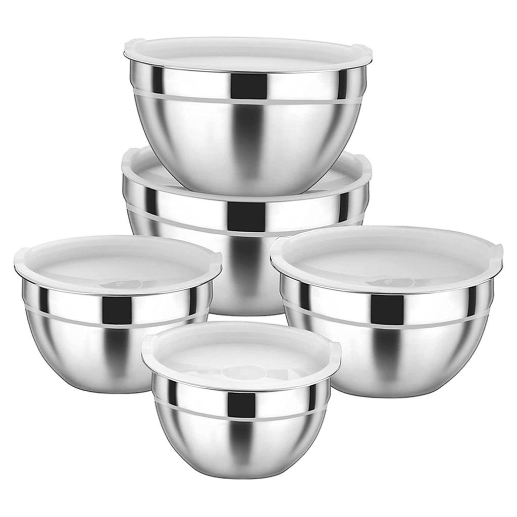 5 Piece Mixing Bowl Stainless Steel Salad Storage Container Set with Airtight Snap Lids