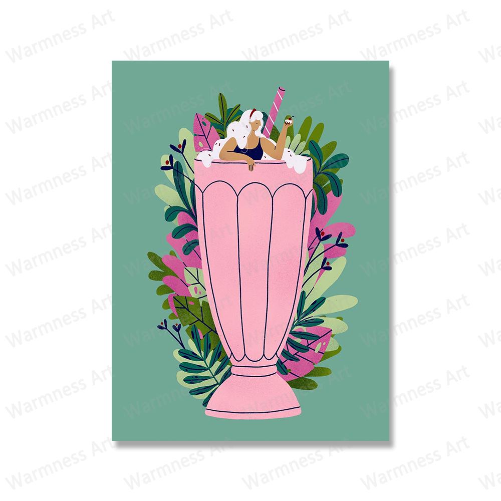Nordic Girl With Food Posters Mojito Cocktail Canvas Painting Pizza Surfer Ice Cream Print Minimalist Picture Kitchen Home Decor