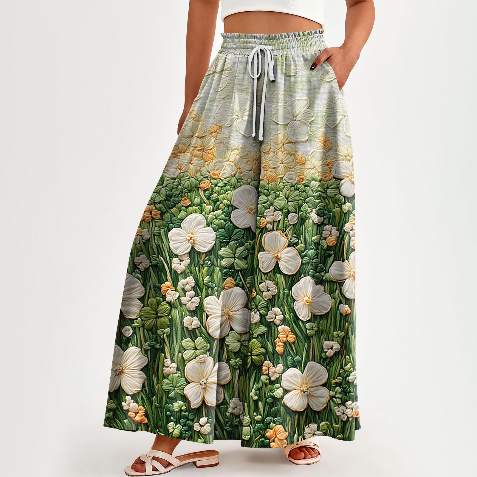 

Женские брюки с высокой талией, широкие, повседневные, струящиеся брюки-палаццо, брюки с цветочным принтом и карманом XXXL зелёный
