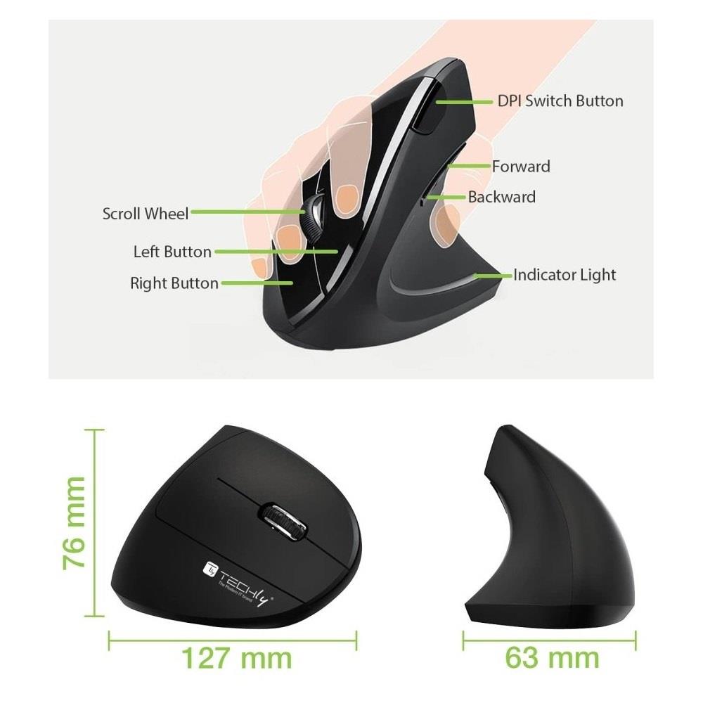 Techly 2.4GHz RF USB Vertical 1600dpi Optical Wireless Mouse