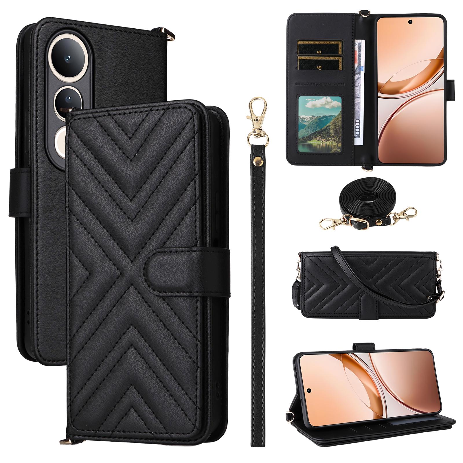 

For vivo V50 Lite 4G/5G Wallet Case with Shoulder/Wrist Strap Leather Phone Cover Stand A