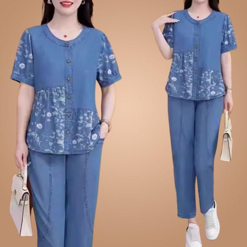 

Комплект Женский Комплект из двух предметов Повседневное Платье для женщин среднего возраста Летняя одежда 2025 Короткий рукав Мода для среднего возраста Принт Летний Новый Возраст Молодящий Blue M