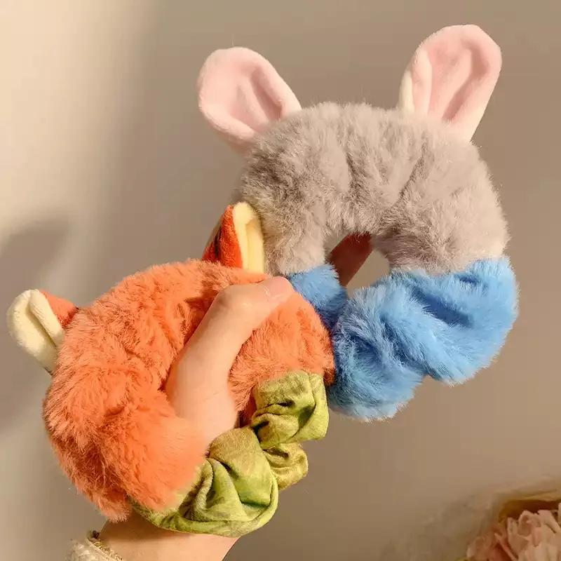 Cartoon Rabbit Fox Ears Plush Scrunchie Hair Band Woman Cute Animal Headdress Hair Rope for Girls Hair Accessoriess