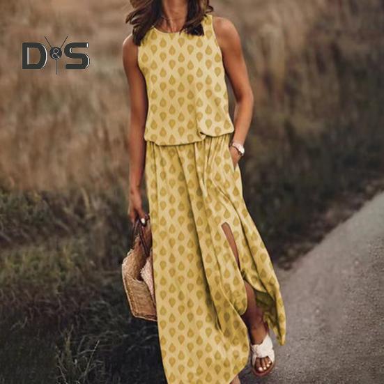 Women's Sleeveless Maxi Dress Casual Crew Neck Elastic Waist Split Long Dress with Pocket Summer Beach Vacation Sundress