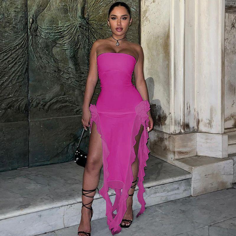 

Women s INS-Style Split Mid Length Long Length Dress Rose Red L