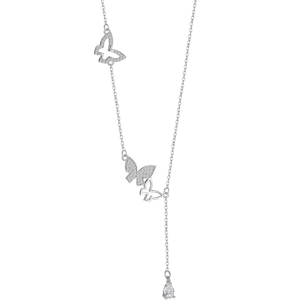 Elegant 925 Sterling Silver Butterfly Tassel Women's Necklace, High-end Exquisite Jewelry, Rhodium Plated