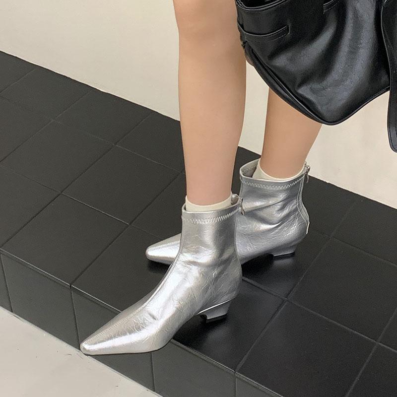 Fashion Silver Female Low Heel Women Ankle Stretch Boots Zippers Fashion Pointed Toe Ladies Modern Short Boots Pumps Shoes Lady
