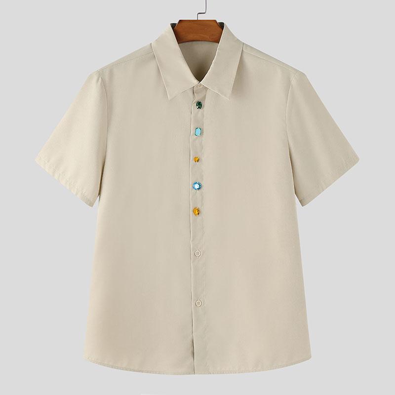 

INCERUN Men Summer Lapel Short Sleeve Acrylic Diamonds Buttons Casual Office Shirts XL