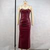 Women's Temperament Fashion PU Leather Splicing Chest Strap Fold Slit Slim Waist Long Dress