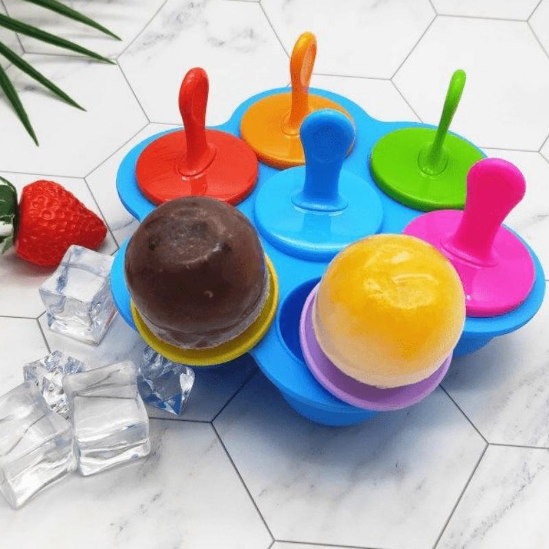 Colorful Popsicle Mold 7-Cavity Silicone Ice Cream Mold DIY Fruit Shake Maker with Handles and Tray Food Grade for Family Fun