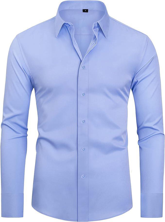Men's Long Sleeve Solid Color Shirt, 4-Way Stretch, Natural Color Button, Slim Fit, Wrinkle Free, Business Casual Dress Shirt