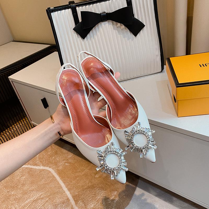 Fashion Women Rhinestone Sandals Pointed Toe Sun Buckle Stiletto Heels Slingback Block Heel Shoes
