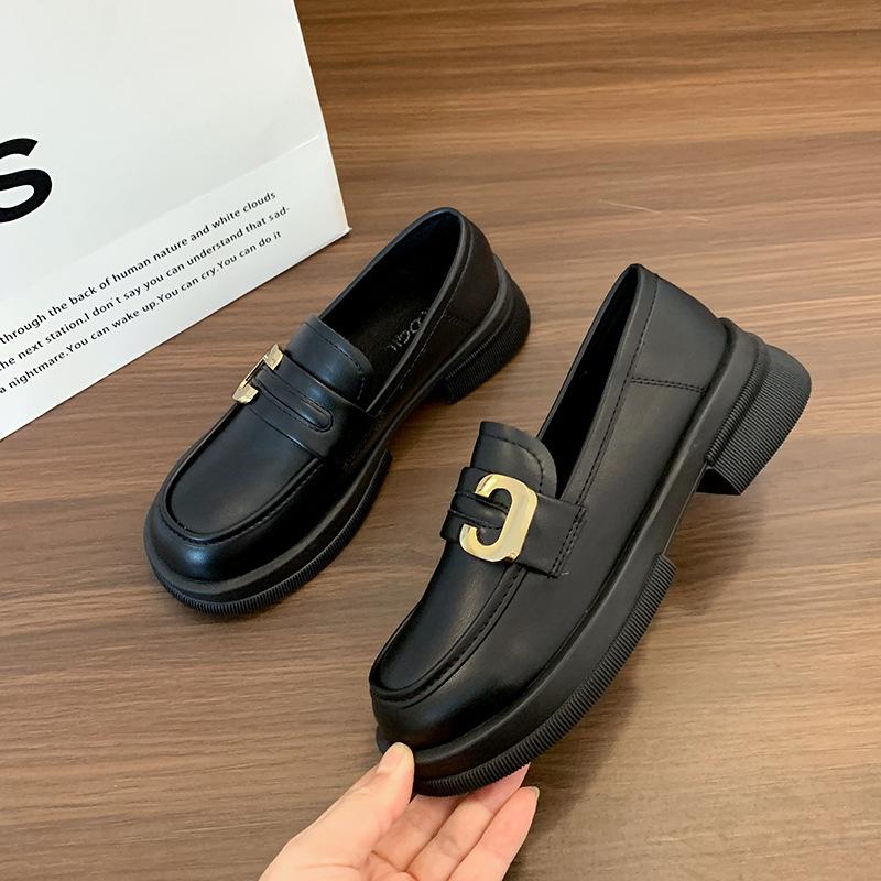 Små svarta läderskor dam vår ny grund mun dam brittiska plattbottnade pendlarskor