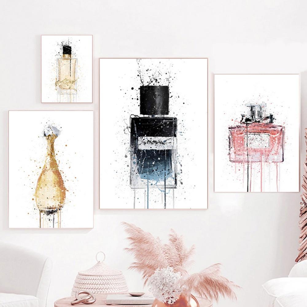 Watercolor Perfume Bottle Prints and Poster Perfume Flower Wall Art Fashion Pictures Canvas Painting for Girls Room Modern Decor