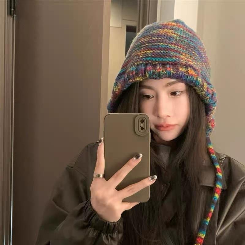 Rainbow Wool Knitted Hat, Warm Japanese Ear Protection Wool Hat, Autumn and Winter Korean Version Versatile