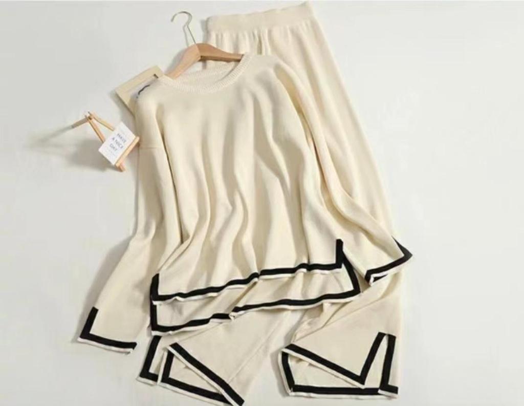 2025 Fall Contrast Long-Sleeve Knit Sweater & High-Waist Wide-Leg Pants Set